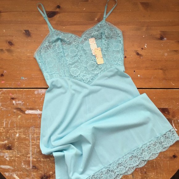 Vintage 50s Robin's Egg Blue Lace Full Slip, NWT, 34" Bust, Slip Dress - Picture 3 of 16